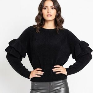 Zara Black Soft Chenille Long Ruffle Sleeve Oversized Statement Sweater Size S